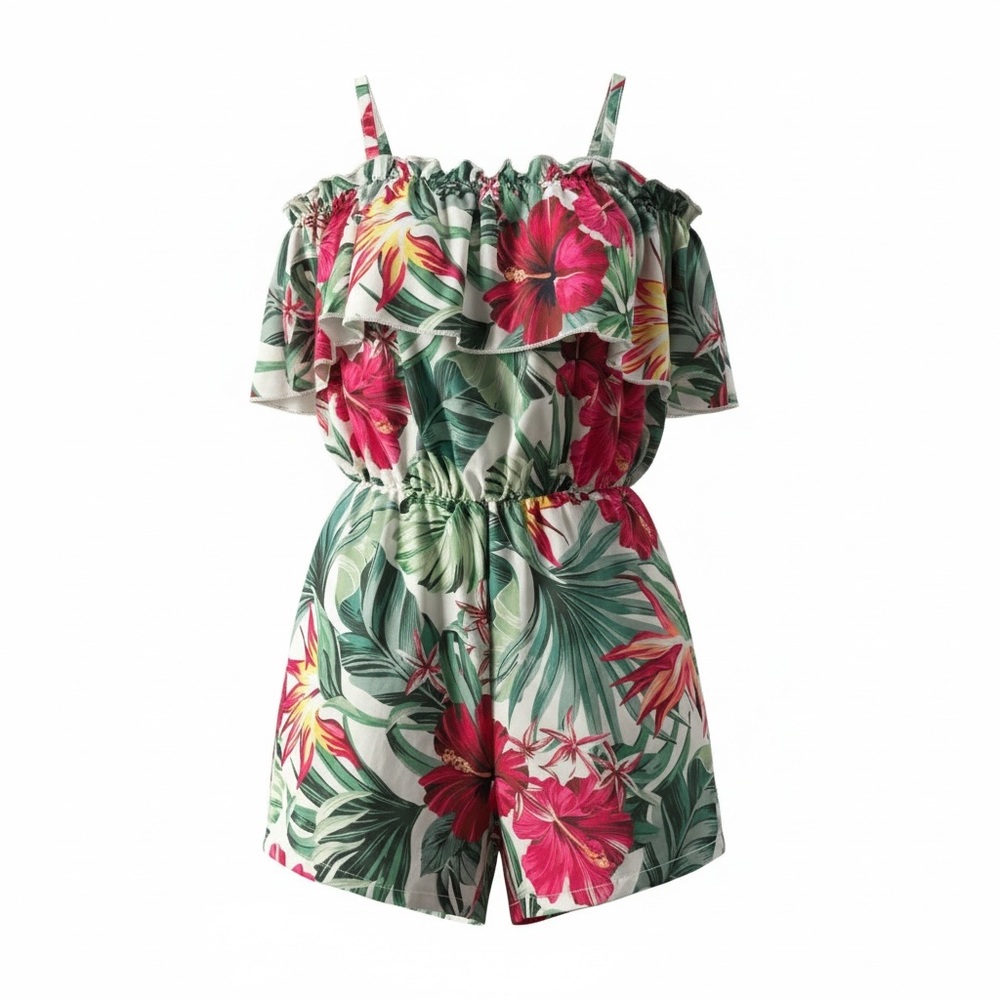 Girls Floral Green and Pink Off-Shoulder Romper